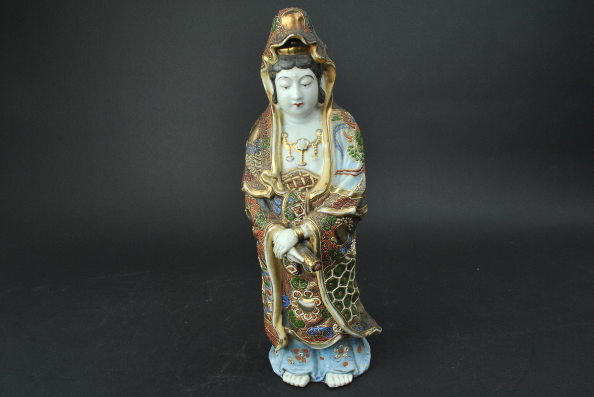 観音菩薩像 陶器 置物 仏像 金彩 色絵 旧家所蔵品！九谷焼 観音菩薩像 置物 陶器 色絵金彩 仏像 仏教