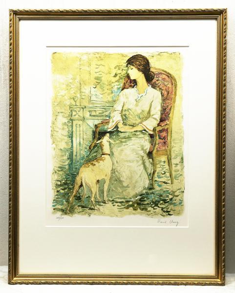 版画 【真作】【WISH】ベルナール・シャロワ リトグラフ 美人と犬 〇