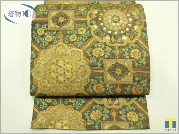 ☆着物10☆ 1円 逸品!! 絹 袋帯 汕頭・相良刺繍 金彩 大華文 花唐草 六