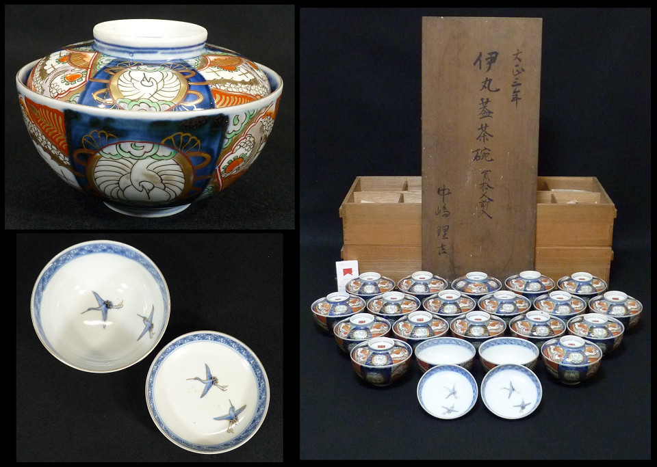 BM》明治期 伊万里錦手鶴文蓋茶碗 二十客 時代二段重箱 陶芸 工芸品