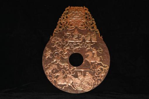 古唐物 古和田玉細密彫 皇族狩猟図 描金 套筒頭 神獣 風水鎮宅 古和田