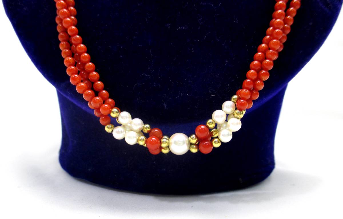 天然珊瑚 パール 14K刻印 3連ネックレス 全長52cm 重量約23g サンゴ