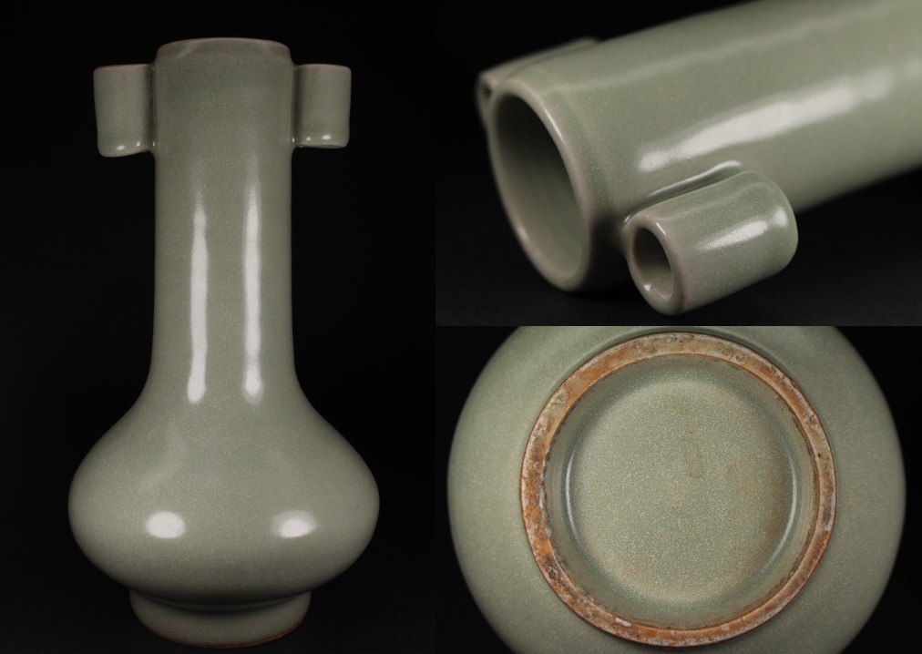 明時代龍泉窯青磁双耳花瓶 龍泉窯砧青磁 天龍寺 七官