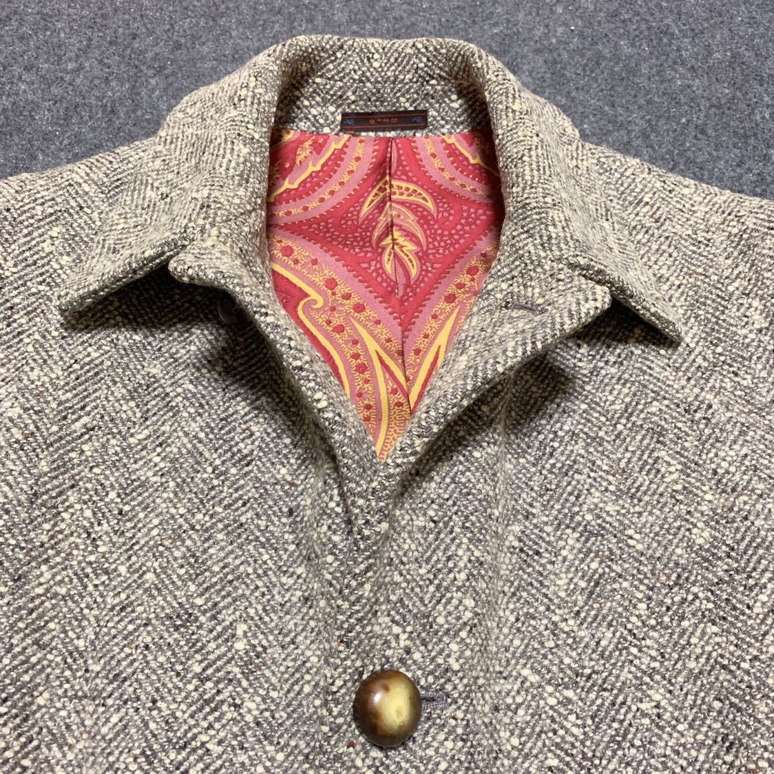 ETRO エトロ ツイード ウール ステンカラーコート 裏地 シルク100 