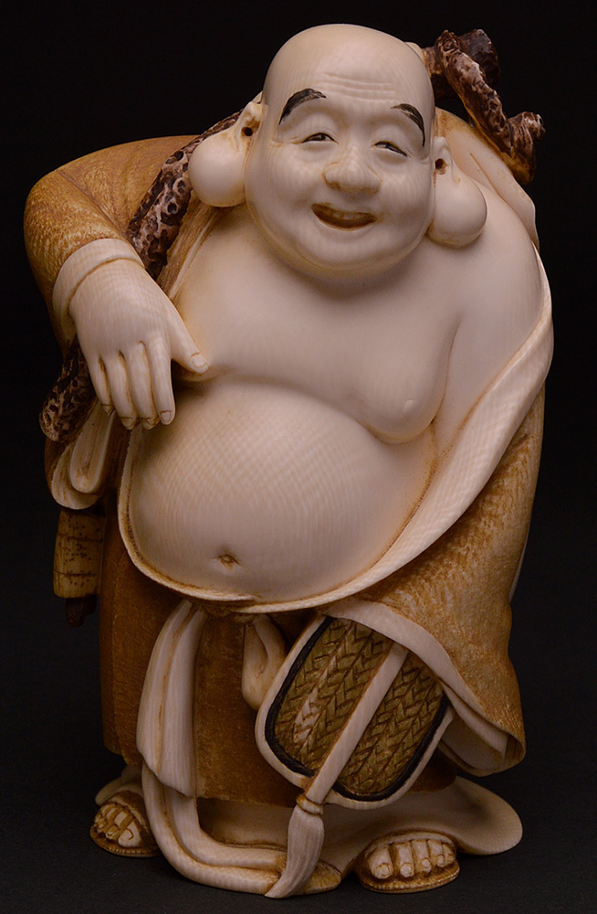 象牙 七福神 - ガラスケース付 共箱 倉田吉水(作) 象牙彫刻 本象牙