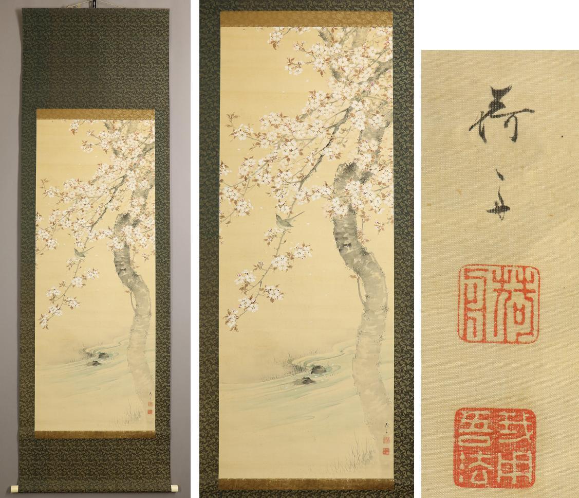 真作】◇沼田荷舟◇桜◇花鳥図◇春◇肉筆◇絹本◇掛軸◇e596