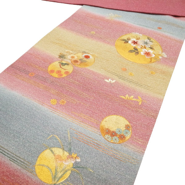 ◆みやがわ y35.上質 名古屋帯 九寸 金彩加工 銀通し ピンク グレー 横段 丸 桜 菊 中古 仕立て上がり