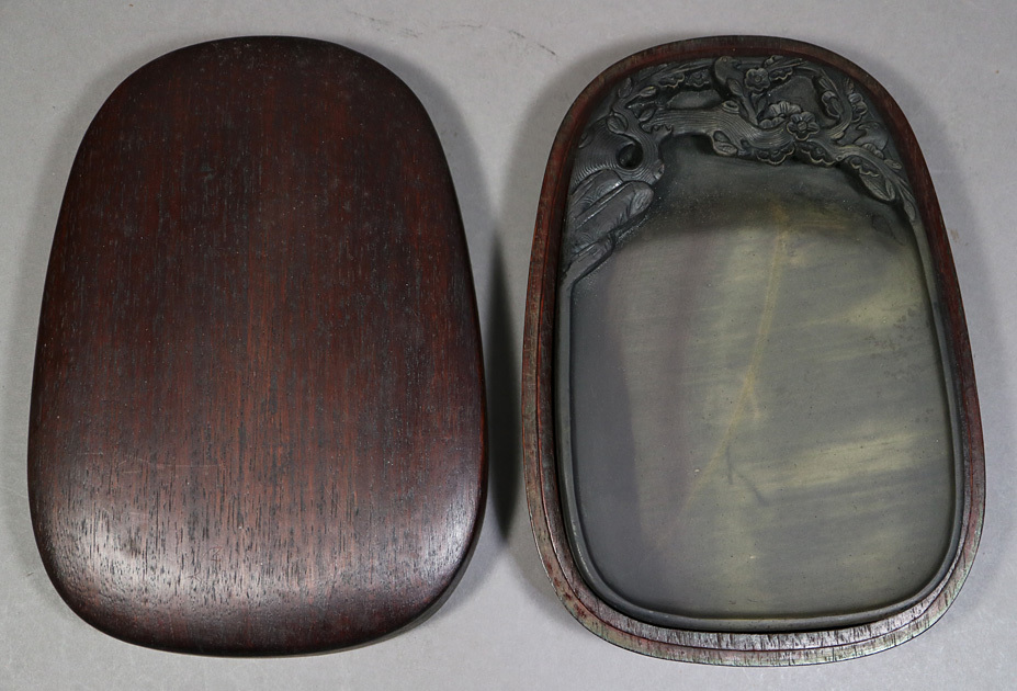 PR015 文房具 中国 端渓 刻模様 硯 唐木箱 端渓硯 硯 唐木箱 - 古端渓 古硯 松樹花鳥紋 魚脳凍 中国 時代 UNY34