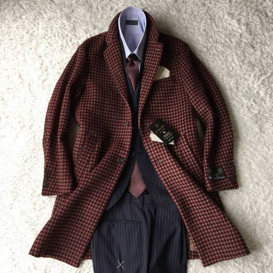 416 新品【カシミヤ素材の高級感×裏地ゴールド】新品　エディフィス英国調　カシミヤ×ウール千鳥格子ハウンドトゥース　フードコート チェスターコート エディフィス EDIFICE ウィリアムモリス 花柄 カラー2色