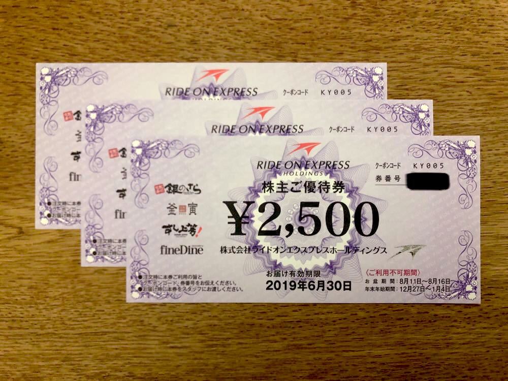【送料無料】ライドオンエクスプレスホールディングス(銀のさら 釜寅 すし上等) 株主ご優待券 2，500円×3枚 7，500円分