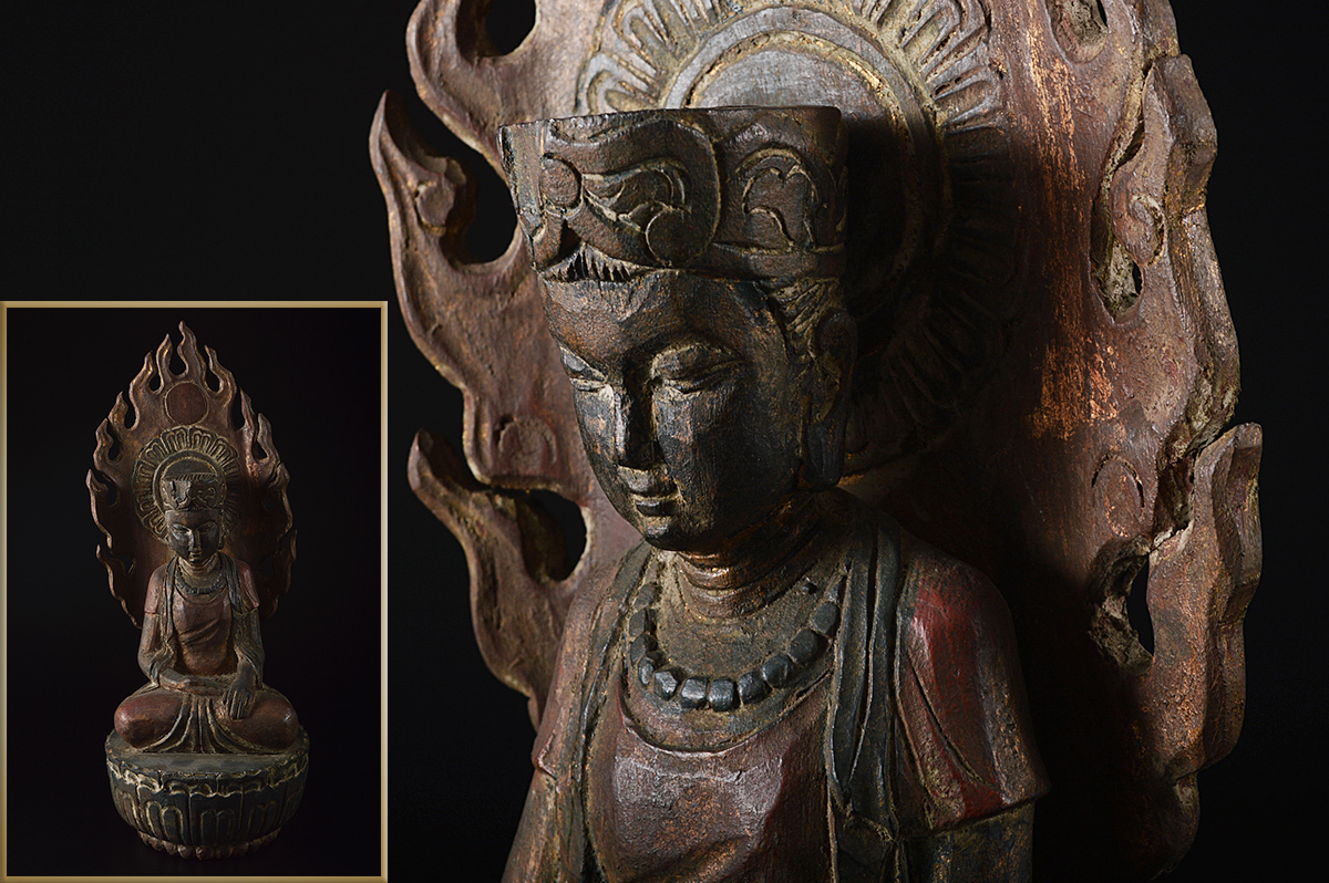 【雲】仏教美術 木彫仏像座像 古美術品（釈迦如来観音菩薩旧家蔵出）B6497W Ctab22x