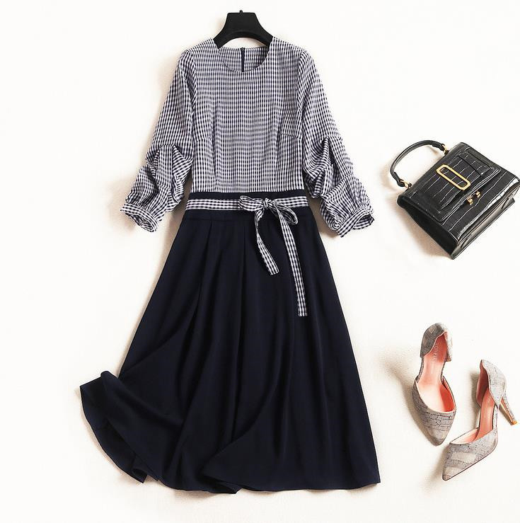 春の新しい女性のラウンドネックのチェック柄のレースのステッチ七分袖ロングドレス ワンピース ひざ丈スカート スカートP150