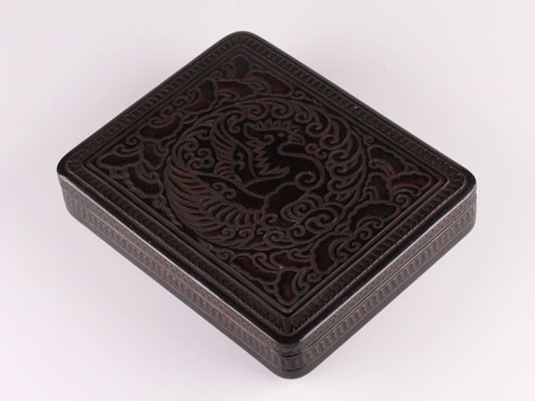 S】文房具 堆黒細工 鳳凰図 硯箱 うぶ品 a025