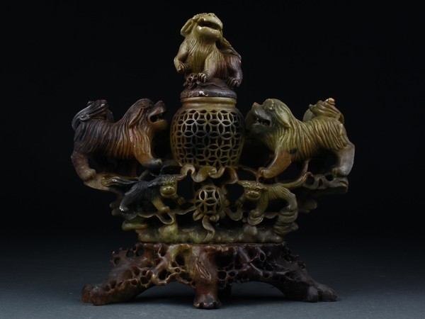 宇】EA001 中国古玩 寿山石 獅子彫香炉 時代物 香炉 中国古玩 彫刻