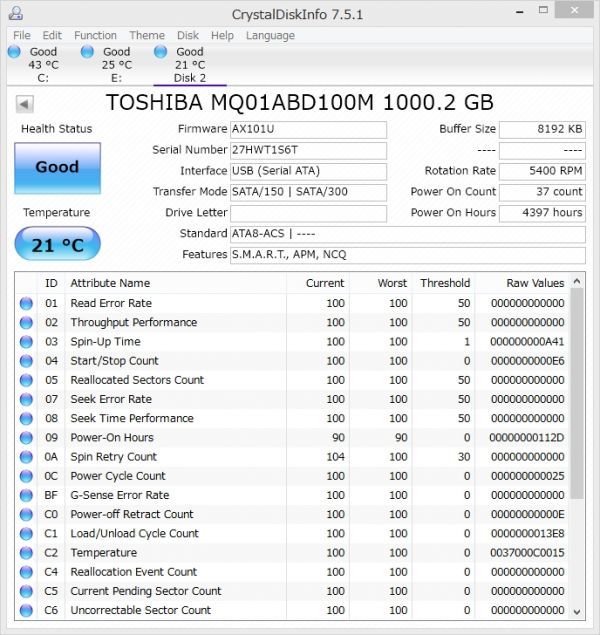 良品 MQ01ABD100M 4397時間(約183日) 1TB 2.5インチ 内蔵HDDノートパソコン用ハードディスク PS4/PS3動作可 HWT186T