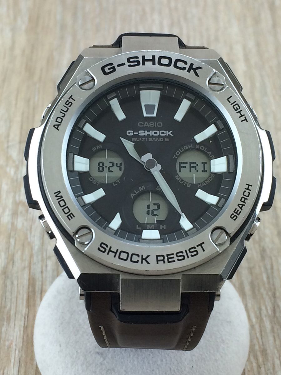 CASIO◇G-STEEL/電波ソーラー/クォーツ腕時計/デジアナ/レザー/BLK/BRW