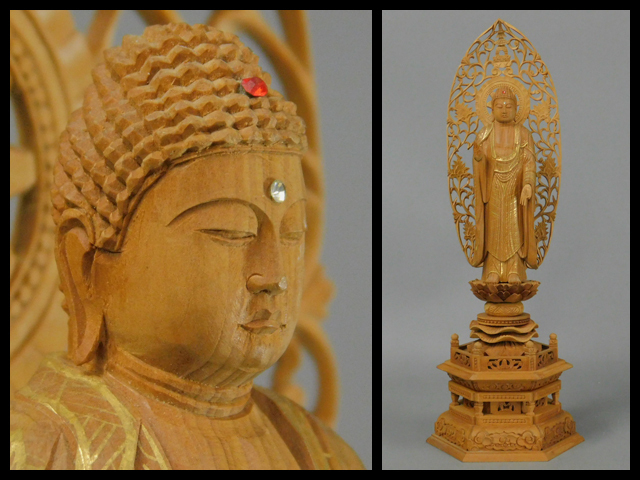 香木白檀 細密木彫 釈迦如来 立像(仏像 観音)全高33cm(仏壇 仏具)仏教美術 寺社整理放出品 g19060712