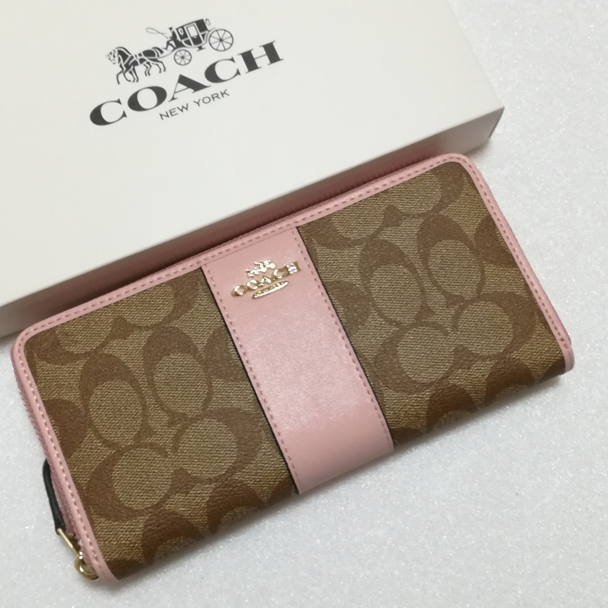 コーチ 新品 長財布 シグネチャー カーキ / ピンク アコーディオンジップアラウンド COACH F54630 レディース