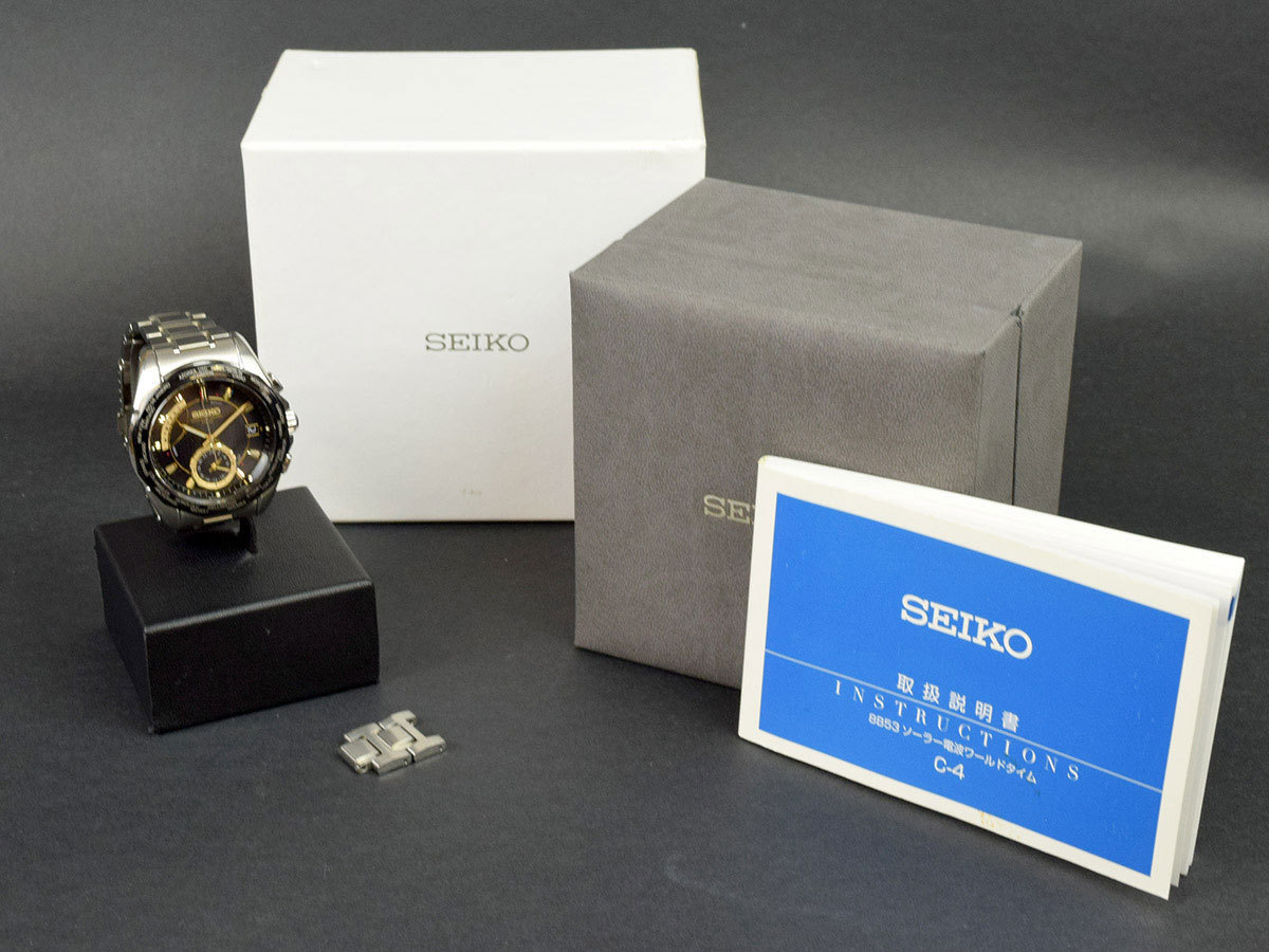 75091◆美品 動作確認済 SEIKO セイコー/ ブライツ/ メンズ 腕時計 電波ソーラー/ チタン/ ブラック ゴールド シルバー/ 8B53-0AG0