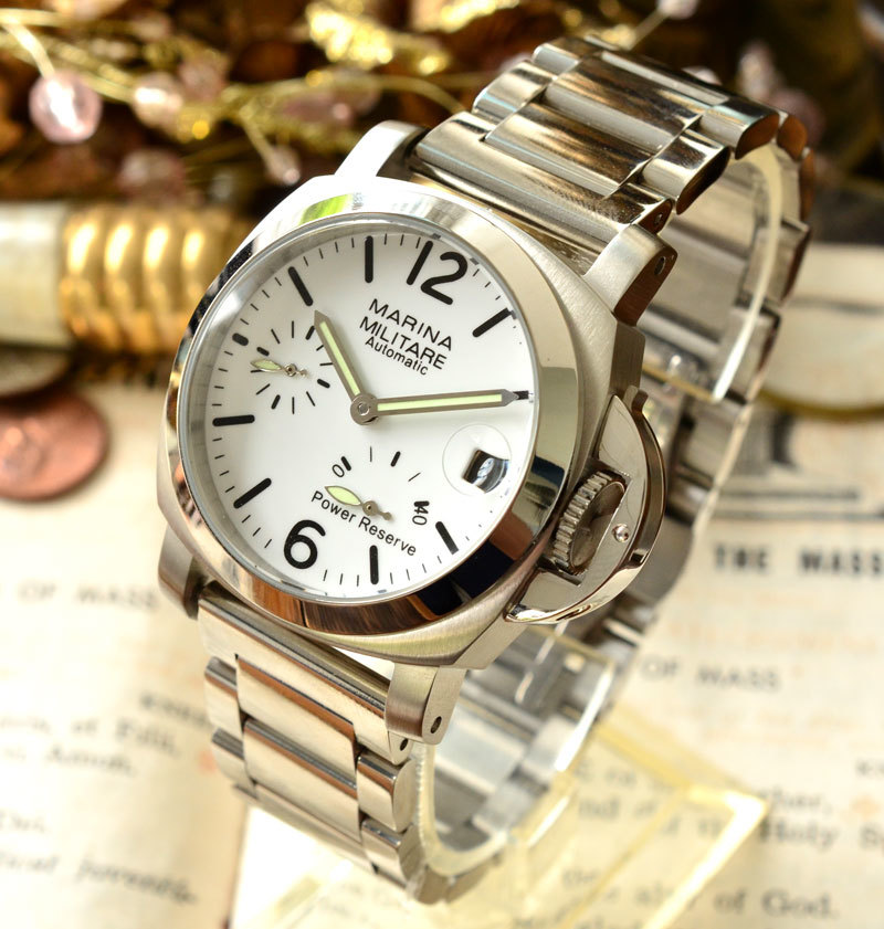 【新品】 マリーナミリターレ パワーリザーブ 自動巻き腕時計 40mm 爽やかなホワイトダイヤル SSバンド おまけでレザーバンド付き