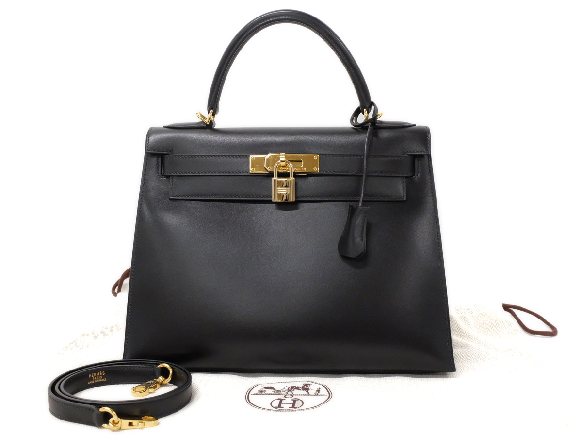 美品【HERMES エルメス】ケリー28 ボックスカーフ ブラック 2WAY ハンドバッグ ショルダー 黒 □E [20190824]