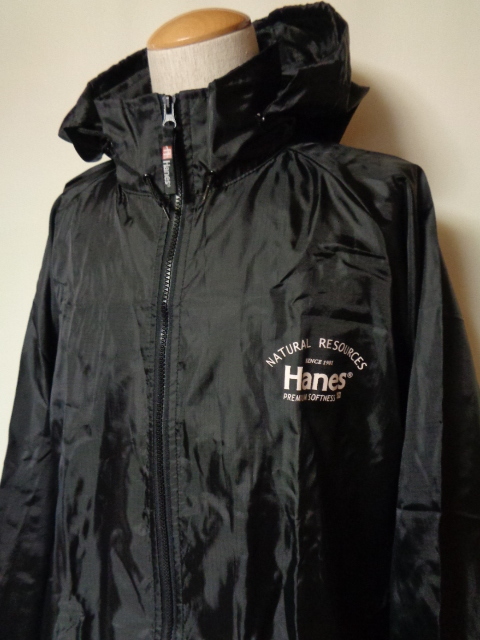 Hanes フルジップ ナイロン ジャケット 黒 ブルゾン ウインドブレーカー アウトドア 撥水 size3L
