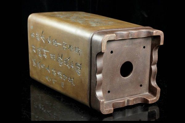 驚きの破格値，限定SALE 。9.5◆澄◆ 中国古玩 在銘 漢詩草花彫刻朱泥鉢 41cm 筆筒 唐物骨董 [NA353]//(120)