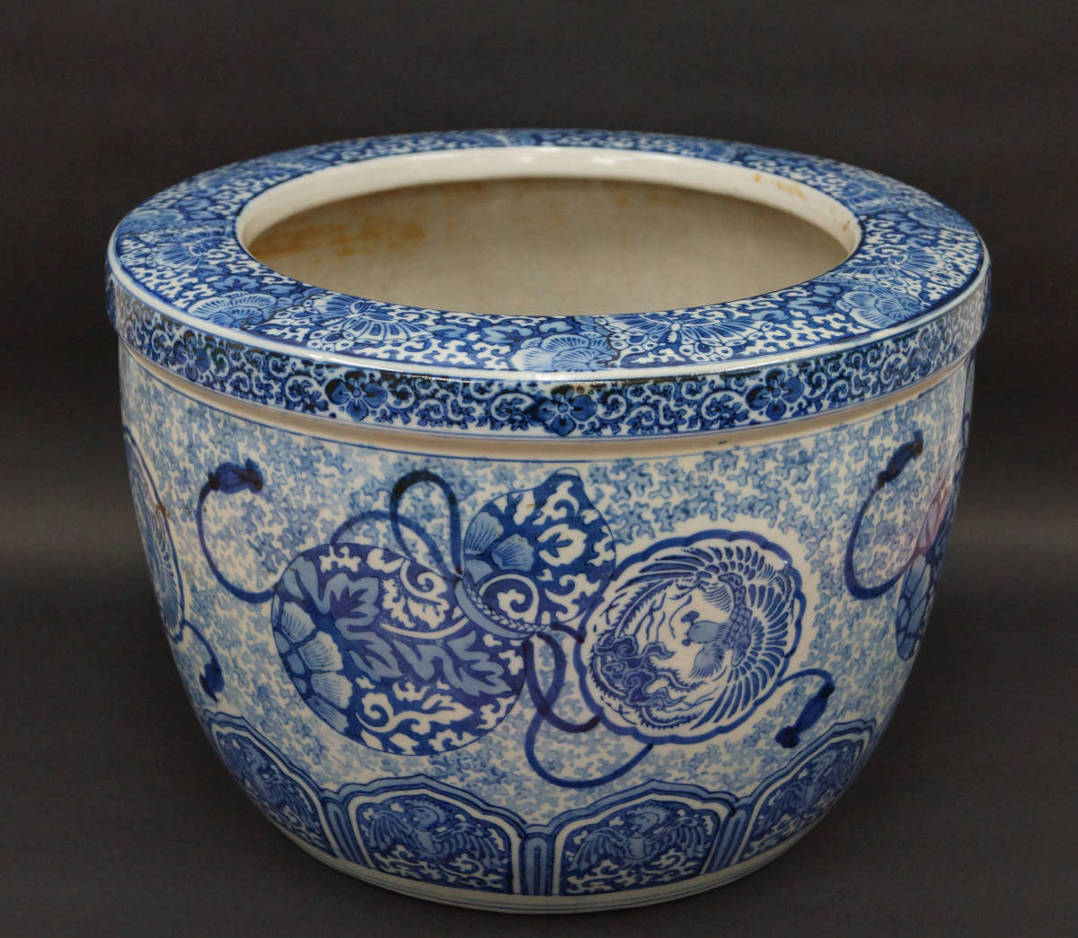 閑】蔵出時代染付『瓢箪鳳凰文』香炉 火鉢 瓶掛 / 茶道具☆時代物
