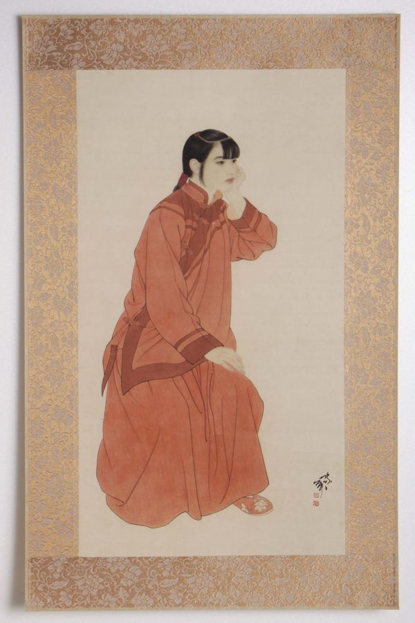 6352_H 中国美術 何家英「独座黄昏 女性画」彩色 工芸画 まくり 女性画