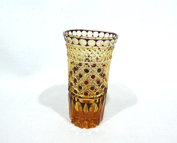 快 江戸切子 門脇硝子加工所 ”琥珀色被せ硝子”のクリスタルビアグラス