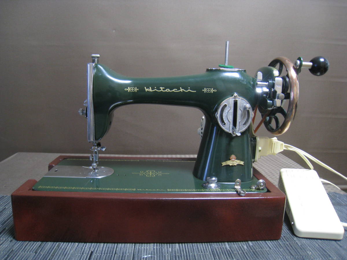 アンティークミシン　整備済み　架台付　HITACHI　電動＆手回しミシン_1