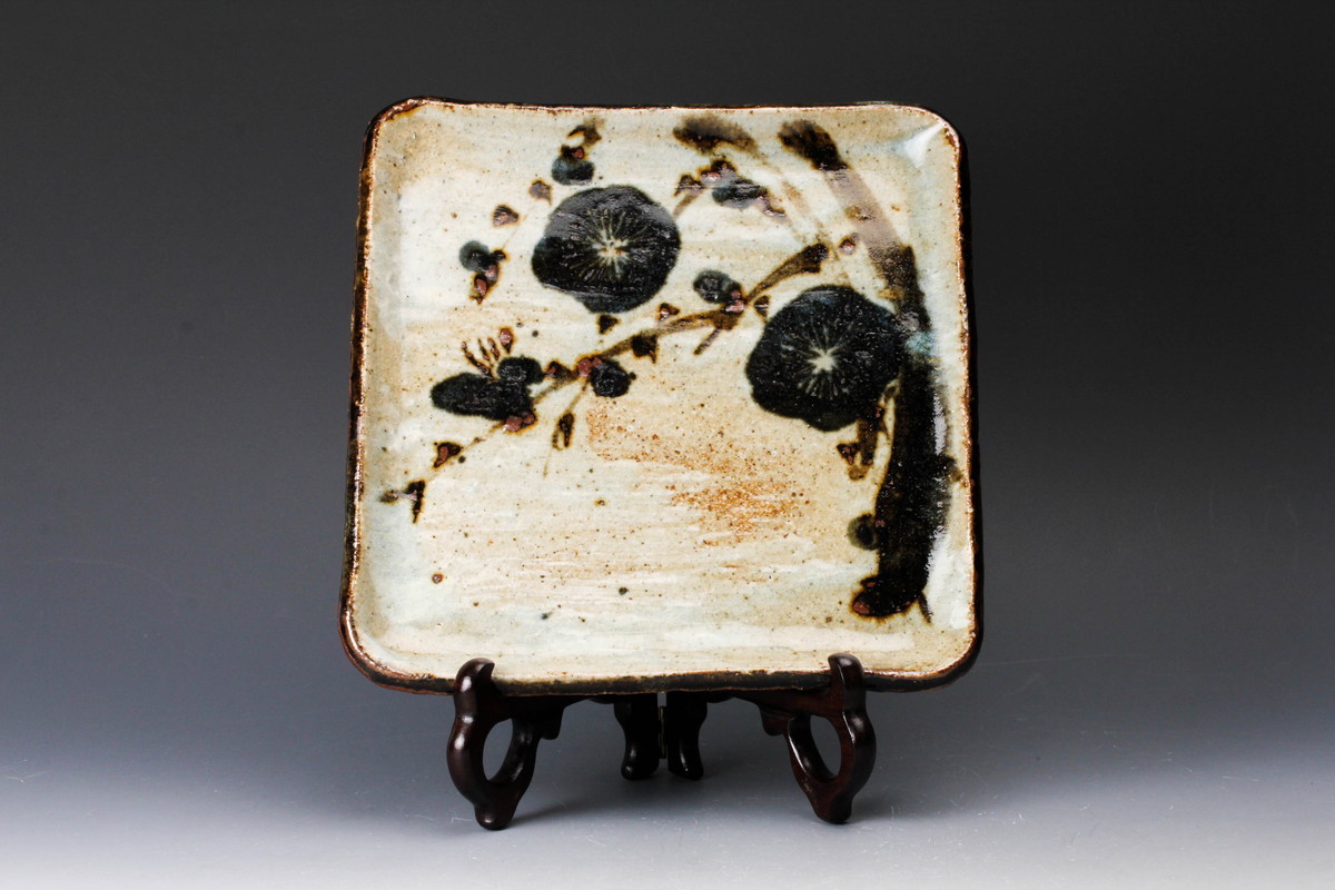 坪島土平 廣永窯 梅絵四角皿 共箱 栞 本物保証