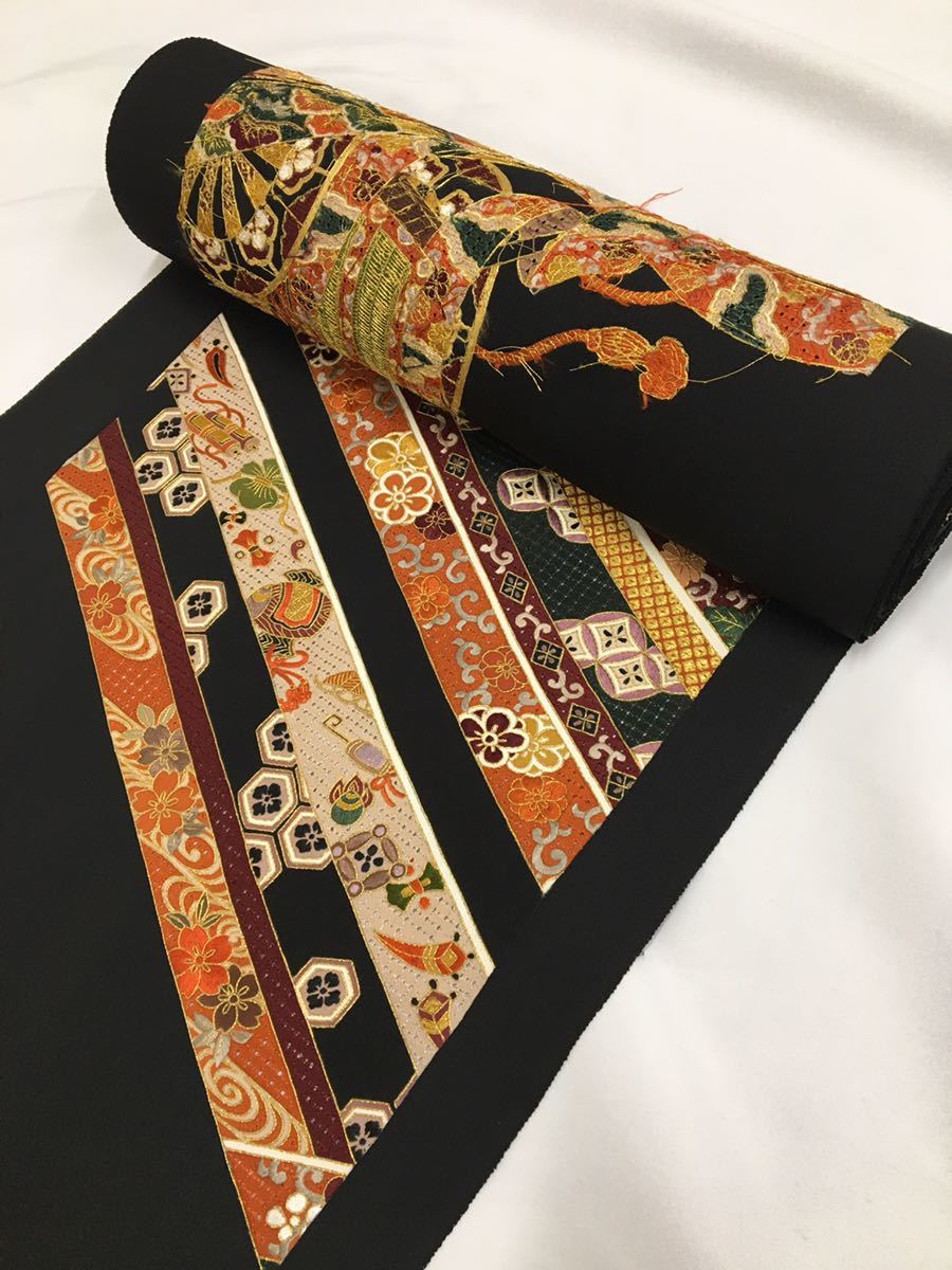 反物屋】中国蘇州刺繍 汕頭刺繍 金刺繍 黒留袖 解き湯のし品 反物 極上