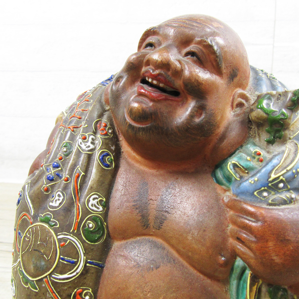 金彩 九谷焼 色絵 布袋像 布袋尊 特大約45cm 美品陶器製 骨董品七福神