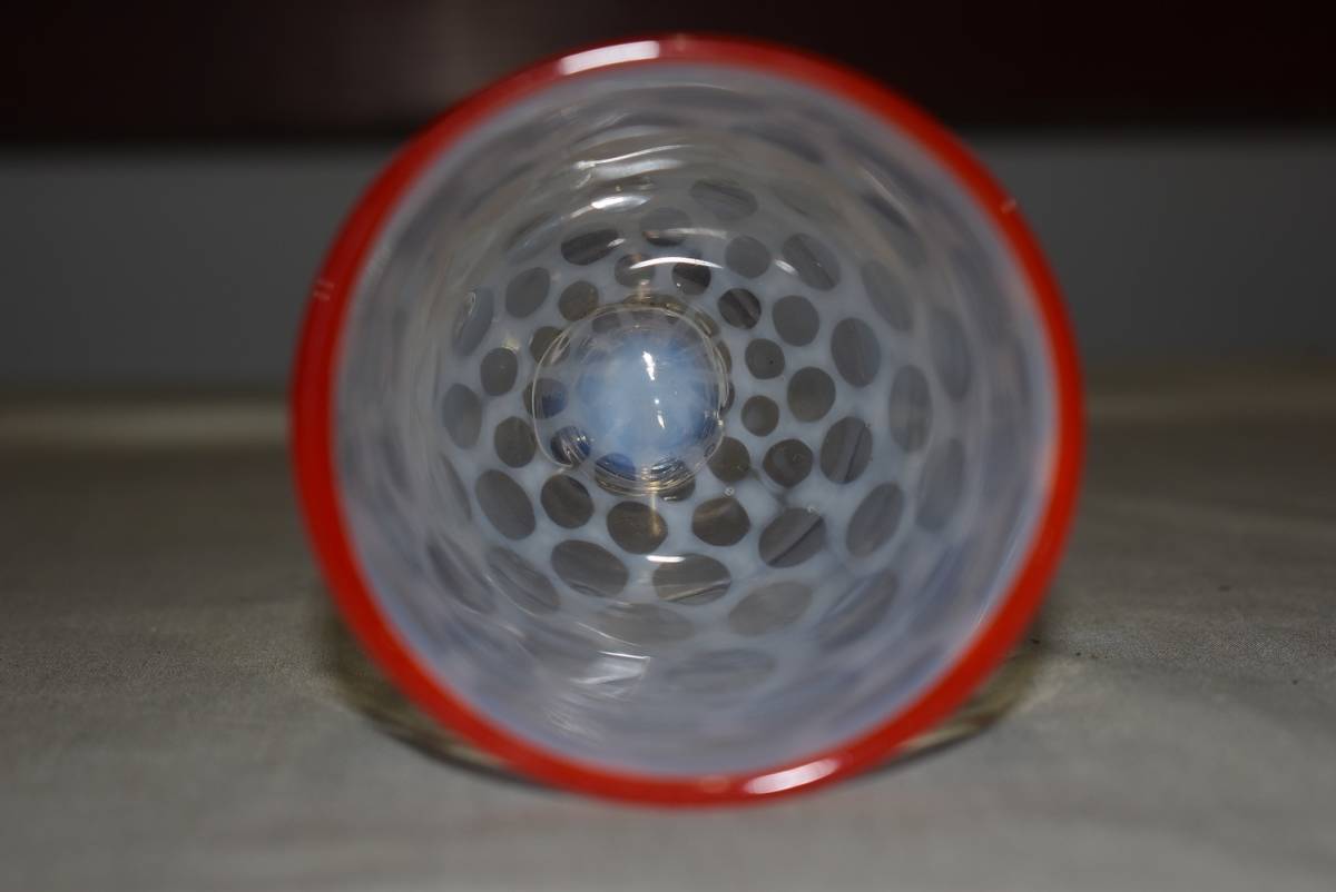大正時代 三色赤縁 乳白水玉模様 青足 碗形氷コップ 氷