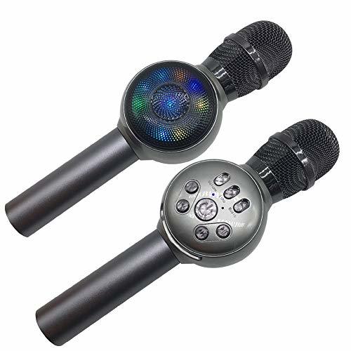 色グレー Bluetooth カラオケマイク LEDライト 無線マイク スピーカー 録音 家族KTV ヒトカラ アウトドアのパーテ_2