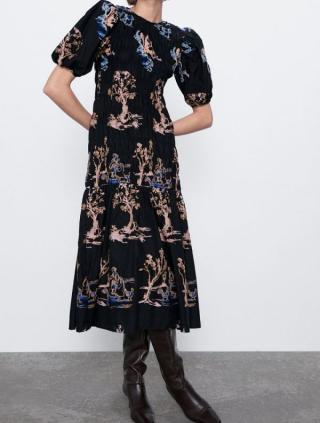 新品未開封未使用♪ZARAザラ風刺繍入りラウンドネック半袖ミディ丈ワンピースパフスリーブインポート大人可愛いブラックXSSML PARTYにも