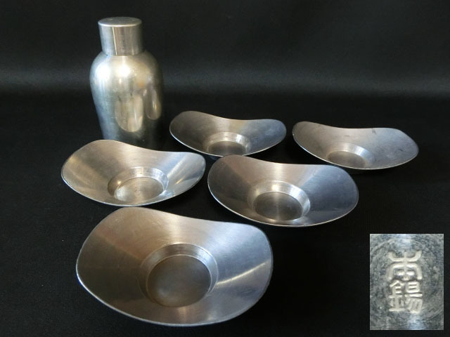 近】時代 本錫製 茶入・茶托 5客 煎茶道具・茶壷・茶壺 純錫圓式茶托 5