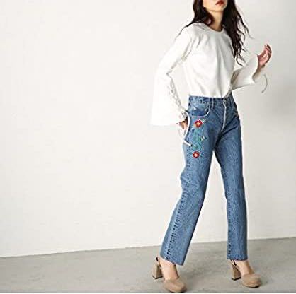 マウジー フラワー刺繍デニム ハイウエストジーンズ レディース26
