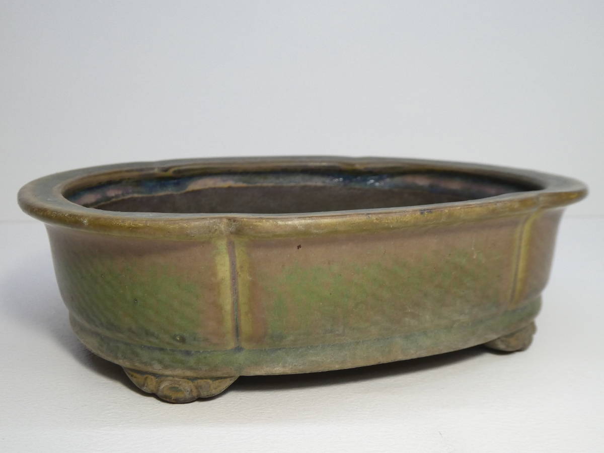 ▽陶翠 緑釉窯変外縁雲脚木瓜鉢 19.6×15.8×5.5cm