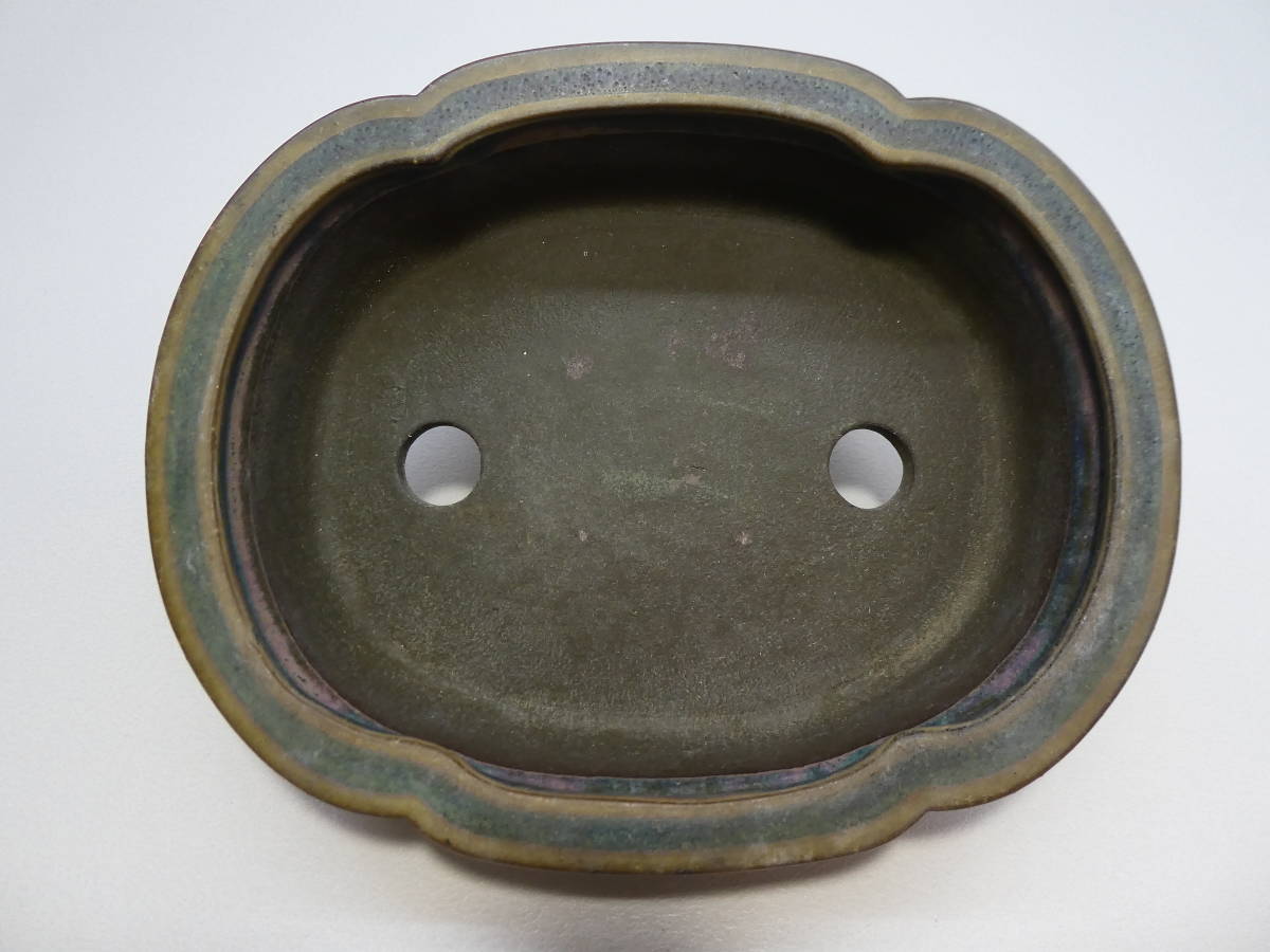 ▽陶翠 緑釉窯変外縁雲脚木瓜鉢 19.6×15.8×5.5cm
