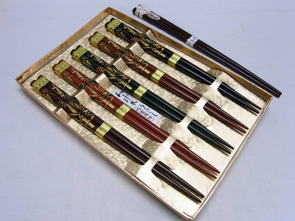 未使用 保管品☆高級 輪島塗箸 6膳☆竹図 純金蒔絵 天然木 本うるし