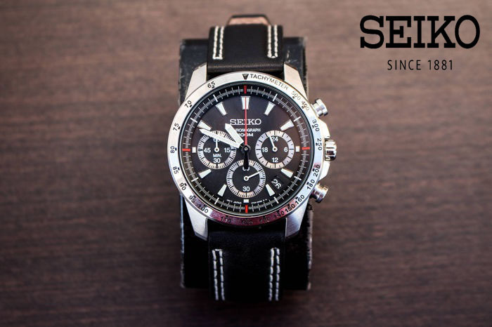 【1円】新品正規品セイコーSEIKOクロノグラフ日本未発売ブラック黒メンズウォッチギフトダイバーレッドステッチレザー革ベル腕時計_1