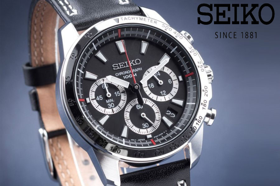 【1円】新品正規品セイコーSEIKOクロノグラフ日本未発売ブラック黒メンズウォッチギフトダイバーレッドステッチレザー革ベル腕時計_2