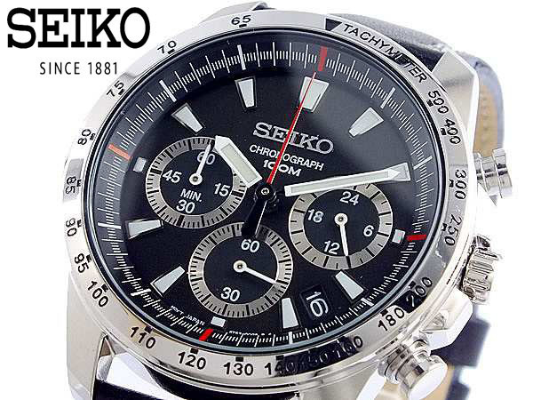 【1円】新品正規品セイコーSEIKOクロノグラフ日本未発売ブラック黒メンズウォッチギフトダイバーレッドステッチレザー革ベル腕時計_3