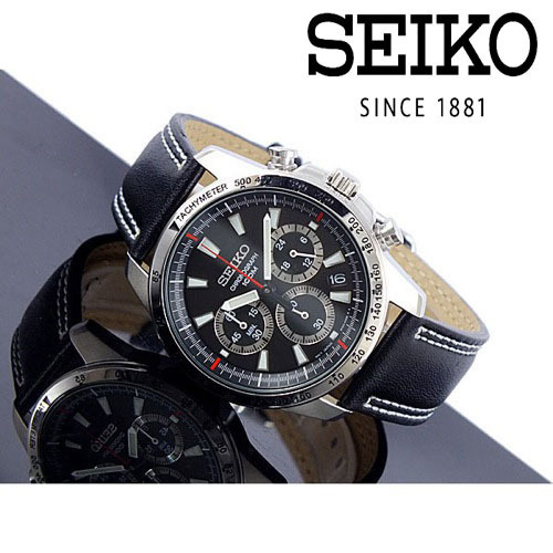 【1円】新品正規品セイコーSEIKOクロノグラフ日本未発売ブラック黒メンズウォッチギフトダイバーレッドステッチレザー革ベル腕時計_4