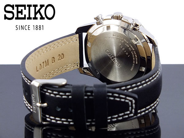 【1円】新品正規品セイコーSEIKOクロノグラフ日本未発売ブラック黒メンズウォッチギフトダイバーレッドステッチレザー革ベル腕時計_5