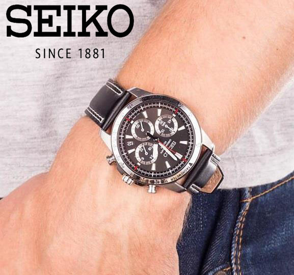 【1円】新品正規品セイコーSEIKOクロノグラフ日本未発売ブラック黒メンズウォッチギフトダイバーレッドステッチレザー革ベル腕時計_6