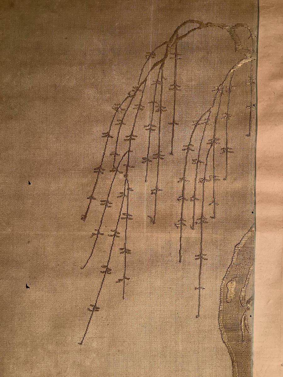 李朝 【模写】 掛軸 刺繍 無落款 馬図 時代物 中国唐物 朝鮮李朝