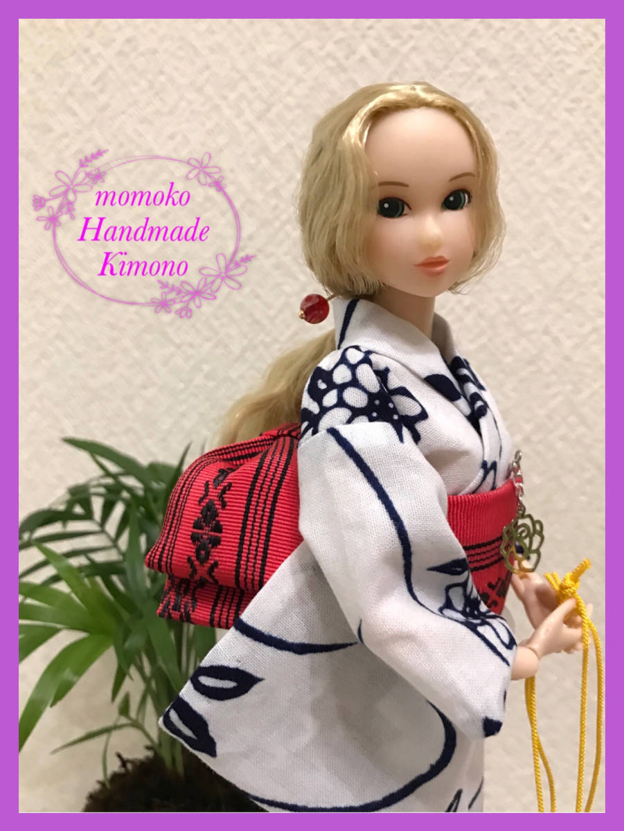 ◆◇◆momoko・ジェニー着物・浴衣◆伝統柄白地・流水文様に菊花・正絹博多織り帯◆27cmドール outfit◆ハンドメイド◆◇◆